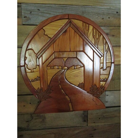 Intarsia Covered Bridge 16" Hand Crafted Solid Wood Wall Hanging - Picture 1 of 3